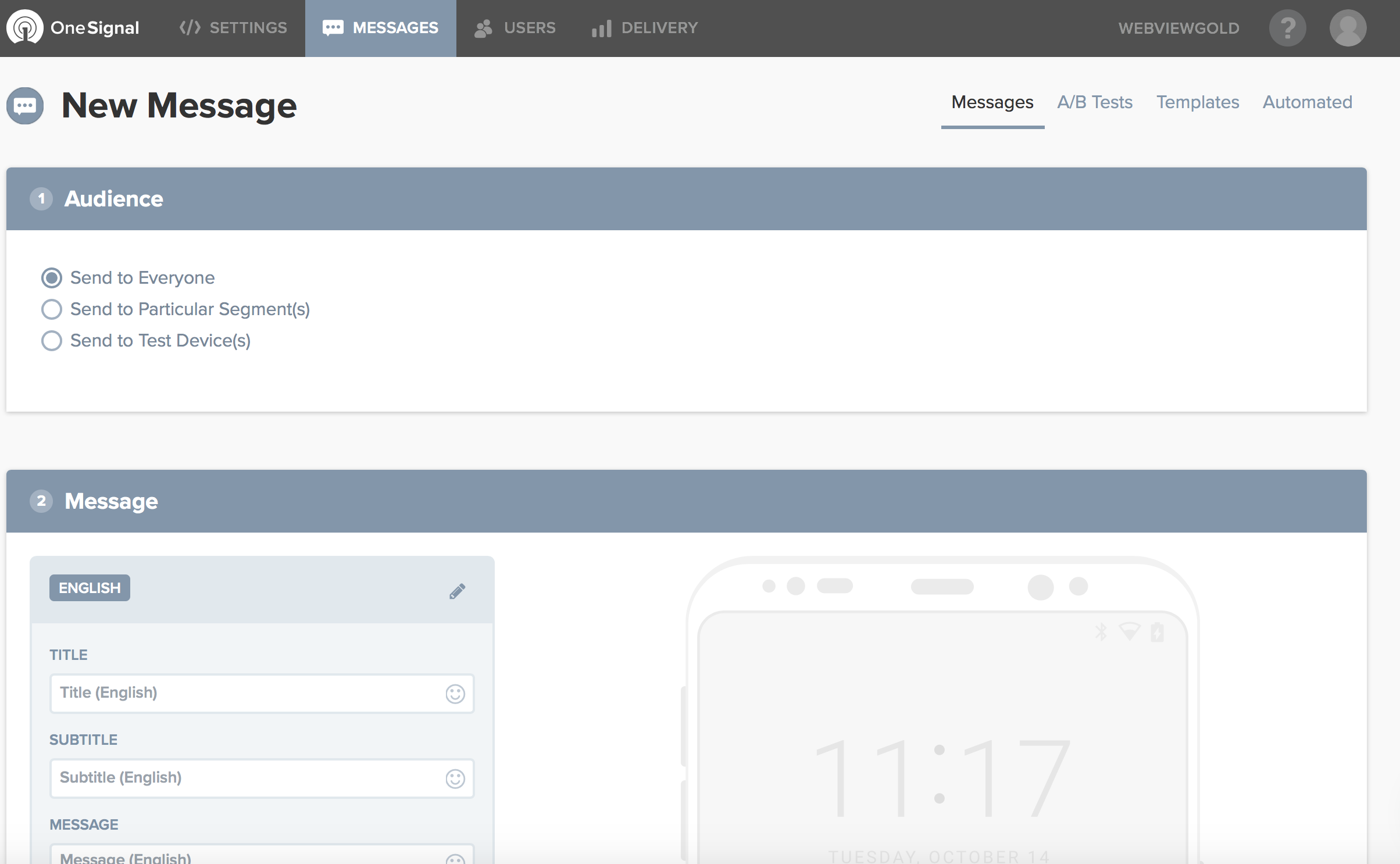 How to send a push message in OneSignal